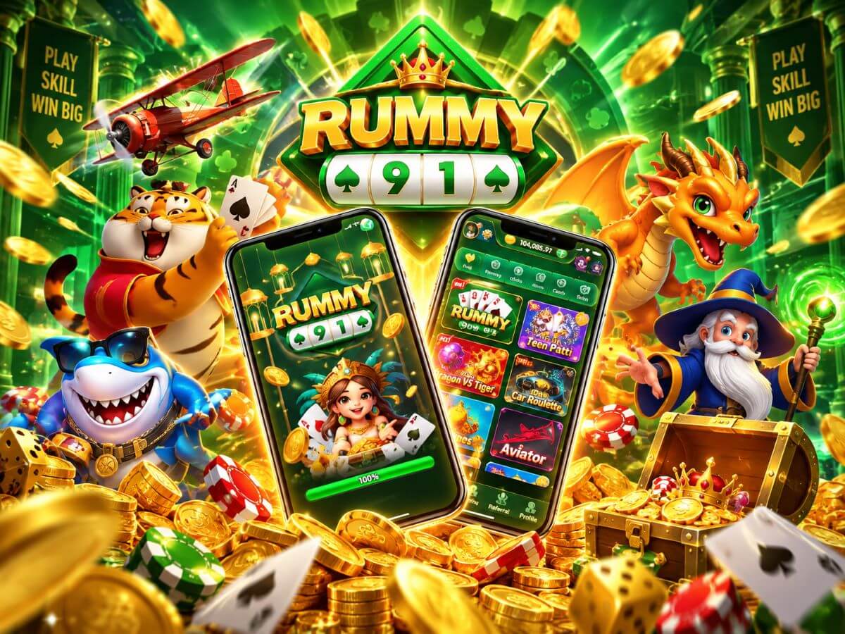Rummy 91 game artwork with mobile game screens and card characters
